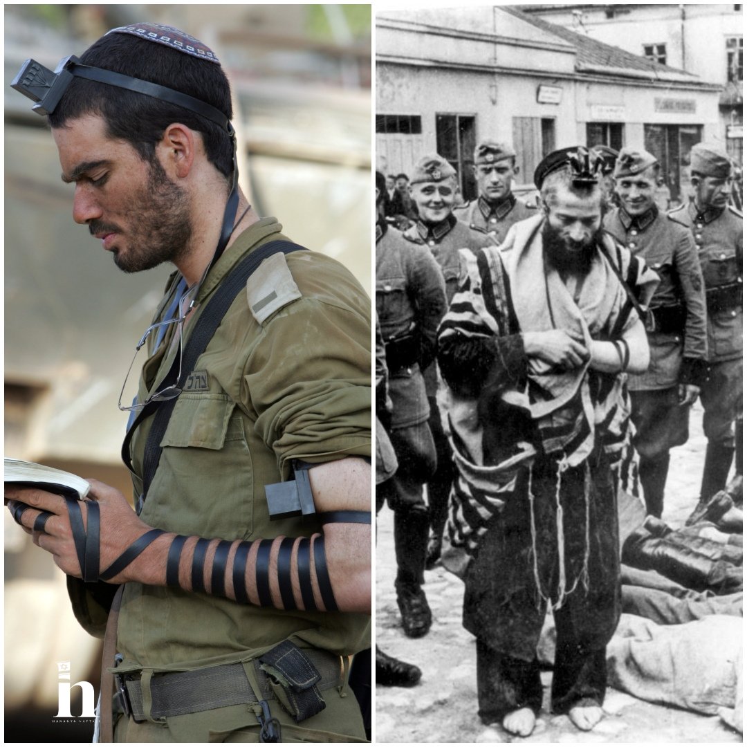 Right: Nazi soldiers mock Rabbi Moshe Hagerman while praying in 1940. Left: A Jewish soldier in the Israel Defense Forces pray proudly.