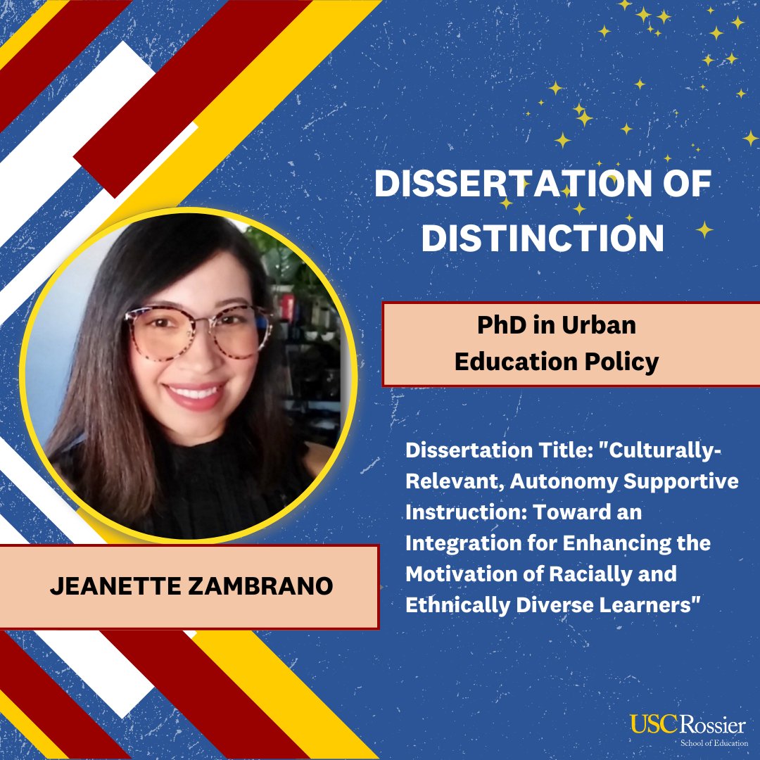 Join us in celebrating Jeanette Zambrano for her dissertation. She is among the select group of graduates honored with a Dissertation of Distinction award this year. Truly well deserved! #USCGrad #USCRossierGrad