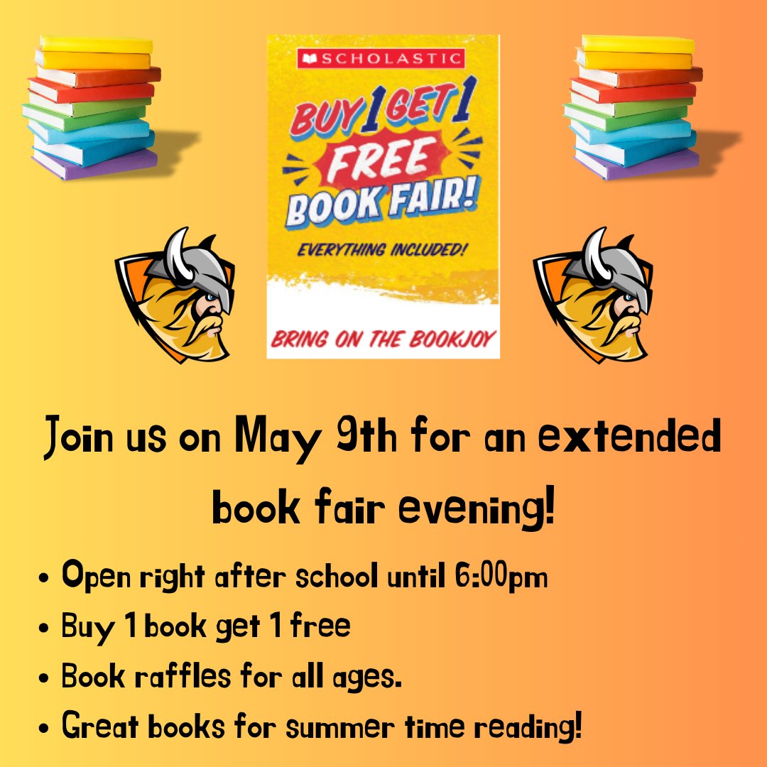 RLVillageSchool's tweet photo. Join us this week for the Book Fair extravaganza! It's a fantastic Buy One, Get One FREE offer. Students can bring money any day this week, or join us for our special evening event on Thursday, May 9th. It will open right after school until 6:00pm
#116Pride #villagevikings116 https://t.co/XIrFICqiPX