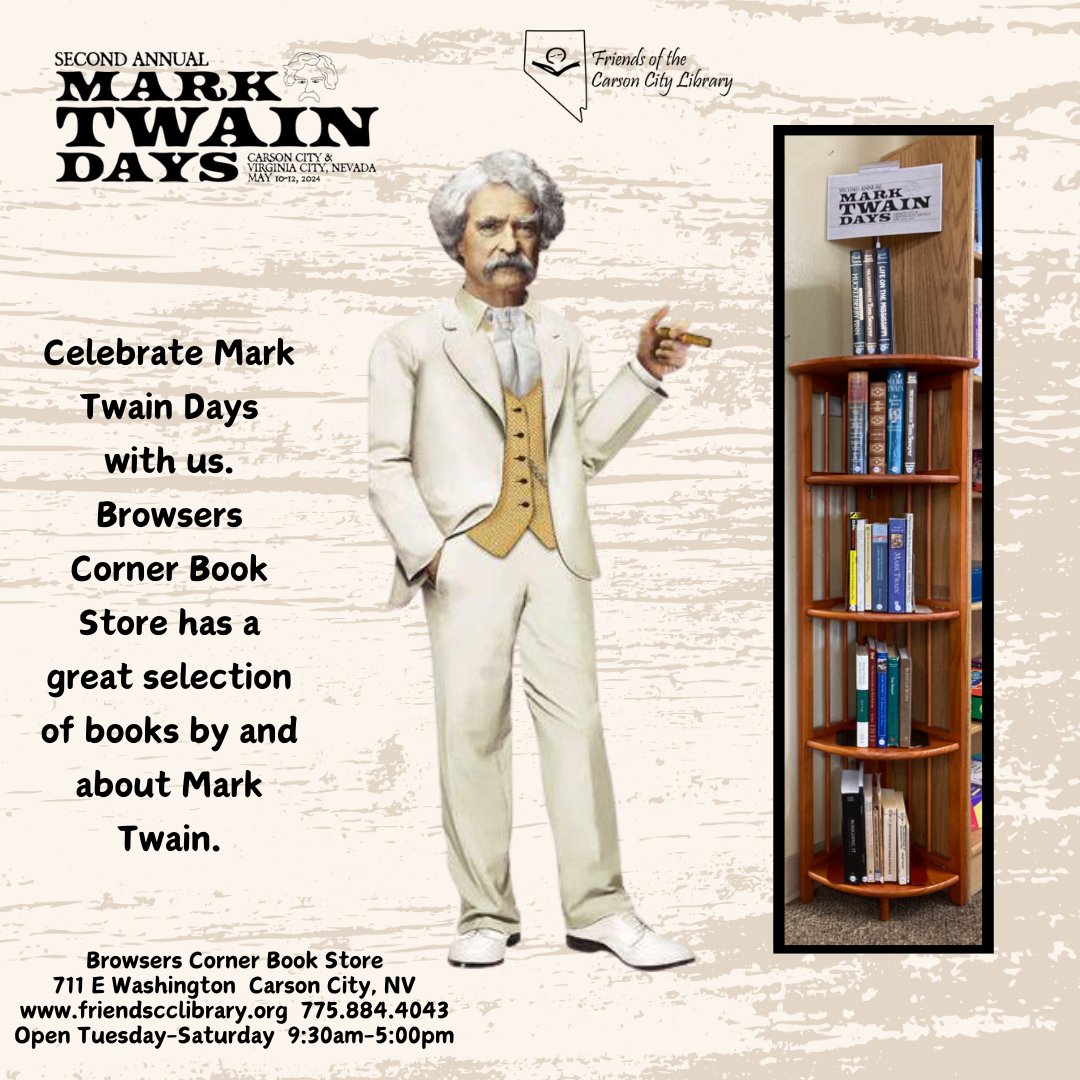 Mark Twain Days in Carson City is almost here! Stop by Browsers to pick up some classic reads. #BrowsersCornerBookStore #FriendsoftheCarsonCityLibrary #CarsonCity #UsedBooks #thrifting #BookTok #Bookstagram #MarkTwainDays