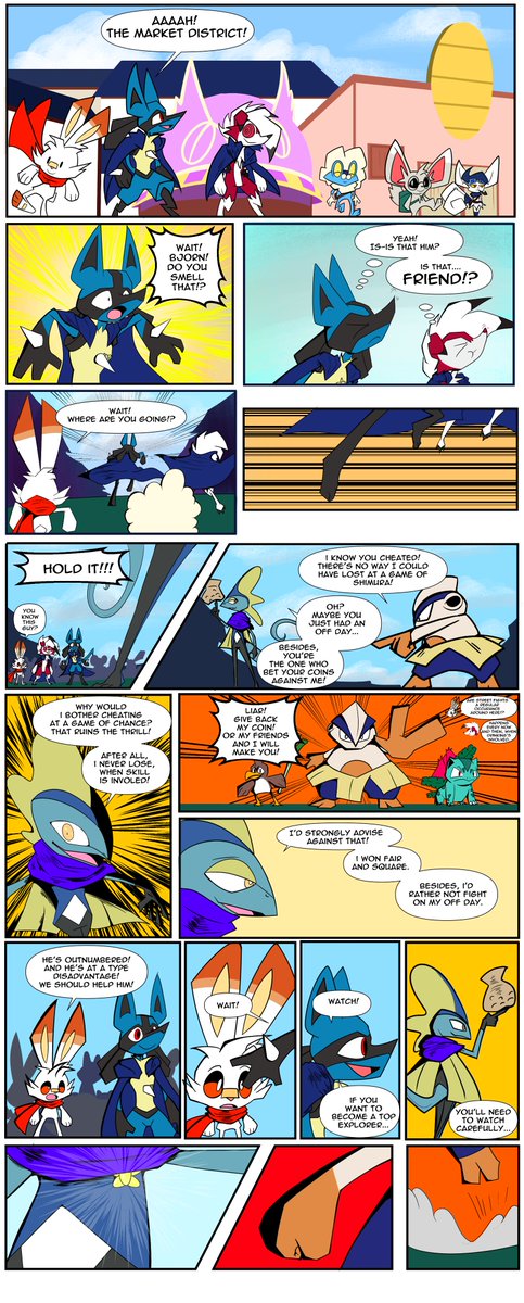 ScarletsAlcove's tweet photo. PMD Endless Blue: Chapter 3 Page 40
The group enters the market district where Kai and Bjorn pick up a familiar scent. They follow it to find a street brawl about to break out! Who is this Inteleon and just how do Kai and Bjorn know him?
#pmd #pmdendlessblue #mysterydungeon https://t.co/lHMlt4gJn2