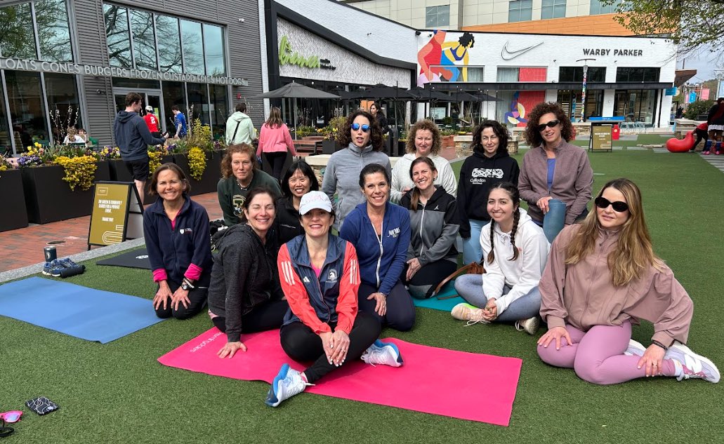 Sharing a highlight from this past weekend- I hosted an outdoor yoga class on the green at a nearby shopping center. This “Yoga for Ellie” class was a celebration of completing my 11th consecutive Boston Marathon! Proud that I raised >$20K for this important cause! @elliefund