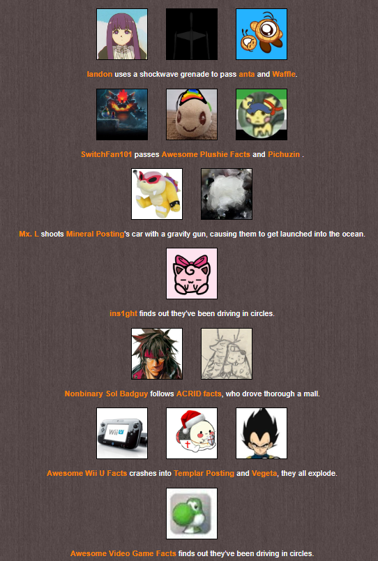 TrinityO5_'s tweet photo. SECTION 2! @DaMixL11 eliminates @MineralPosting; @WiiUFac, @Vegeta_Saiyan69, and @Templar_posting crash; @StrategyPosting sends @Samurazor to a murky grave and @FighterPosting crashes! https://t.co/SfXDu47mCD