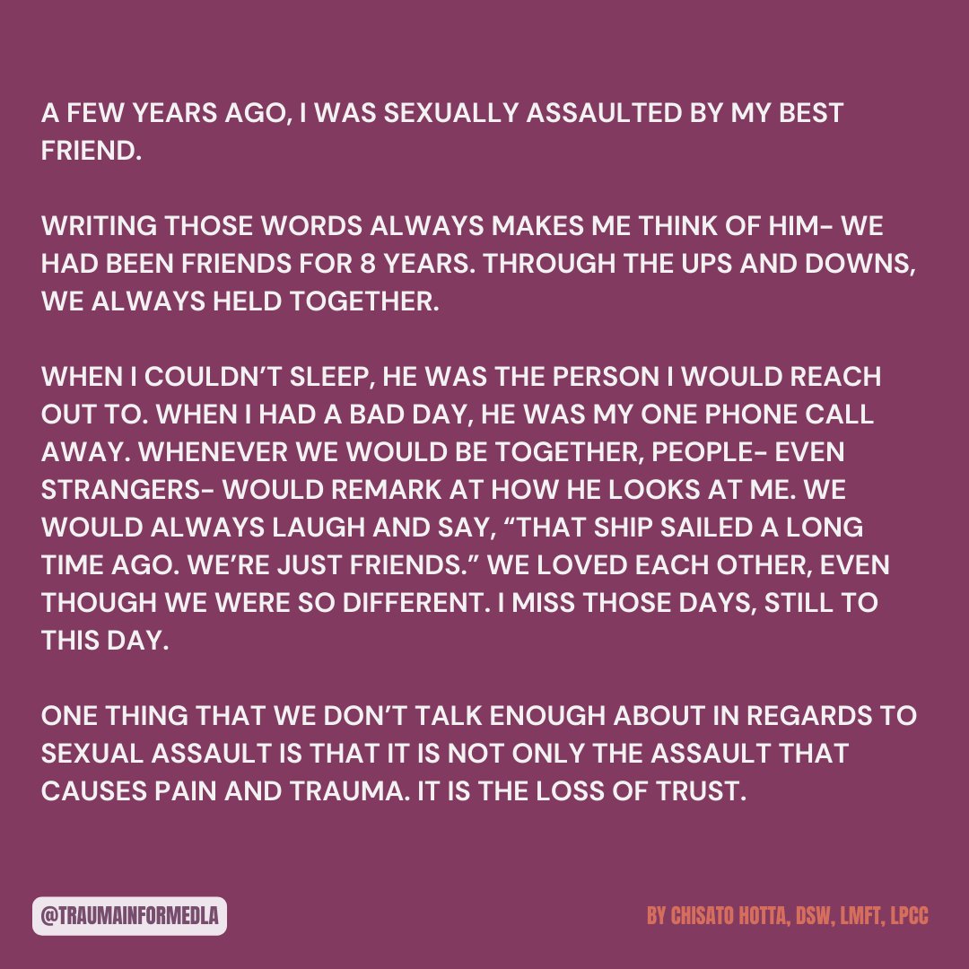 traumainformdla's tweet image. Happy Mindful Monday!! 💙

This week&apos;s powerful piece by Dr. Chisato Hotta focuses on the multiple layers of sexual assault.

Visit our website for more content
To view previous blog posts, visit our blog! 🌼

#traumainformedla #blogday