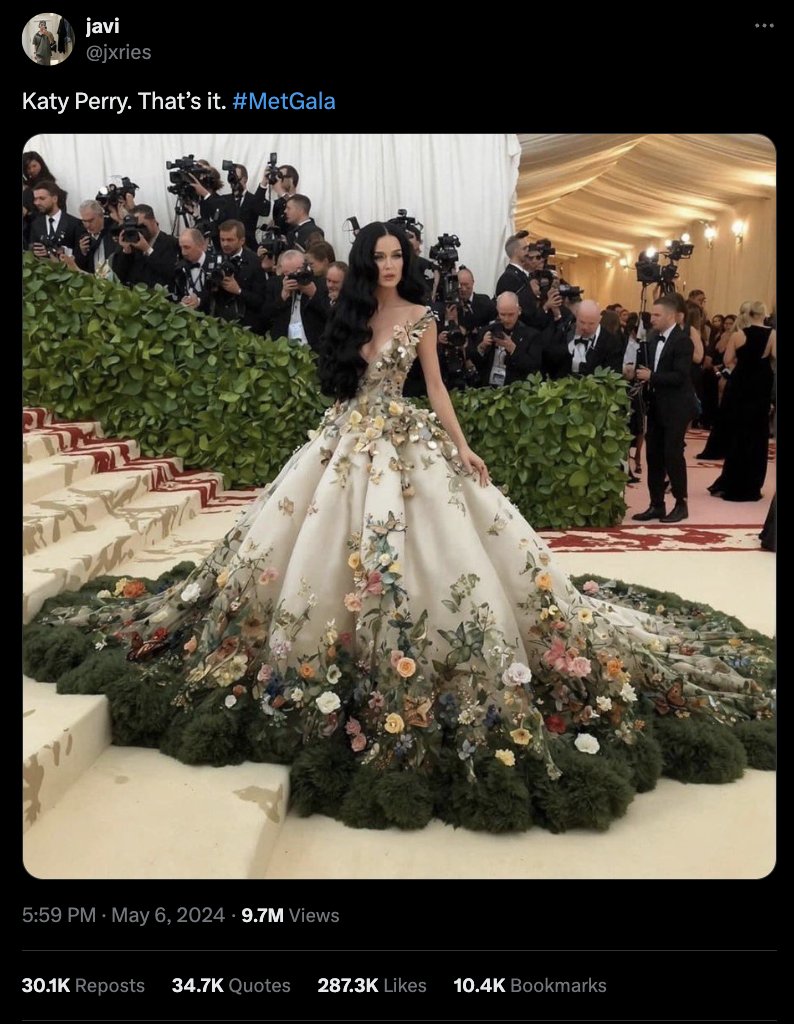 There are at least 3 different viral AI generated images from tonight's #MetGala featuring Rihanna and 2 from Katy Perry.

These have gotten millions of views on just these tweets alone, and counting.