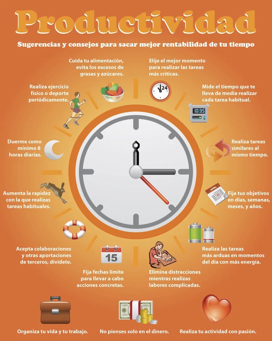 Como emprendedor, es importante que hagas un uso eficiente de tu tiempo y estés lo suficientemente motivado para elevar los niveles de productividad.

Te comparto una infografía con algunos consejos que puedes poner en práctica para mejorar tu rendimiento en el día a día.