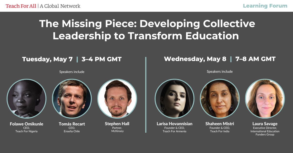 Join us for our next learning forum to learn more about @teachforall´s The Missing Piece report and how through #collectiveleadership we can transform education and empower communities worldwide! Register: tfaforms.com/5118152?fbclid…