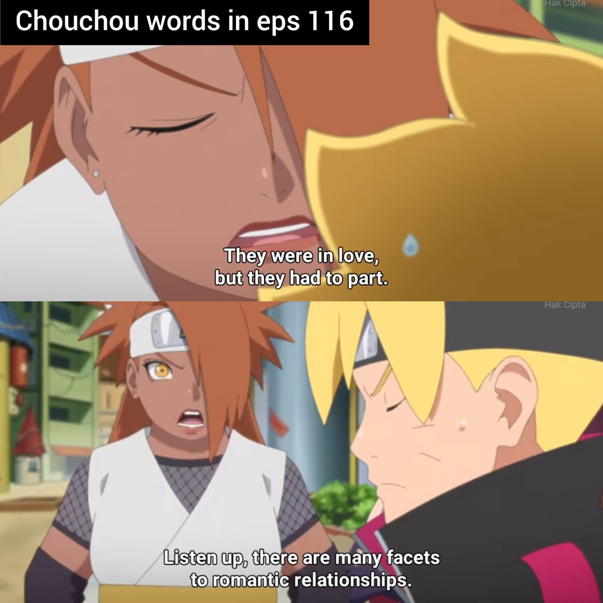 Chouchou once said 'They were in love, but they had to part.' - 'Listen up, there are many facets to romantic relationships.'

#BoruSara #boruto #sarada