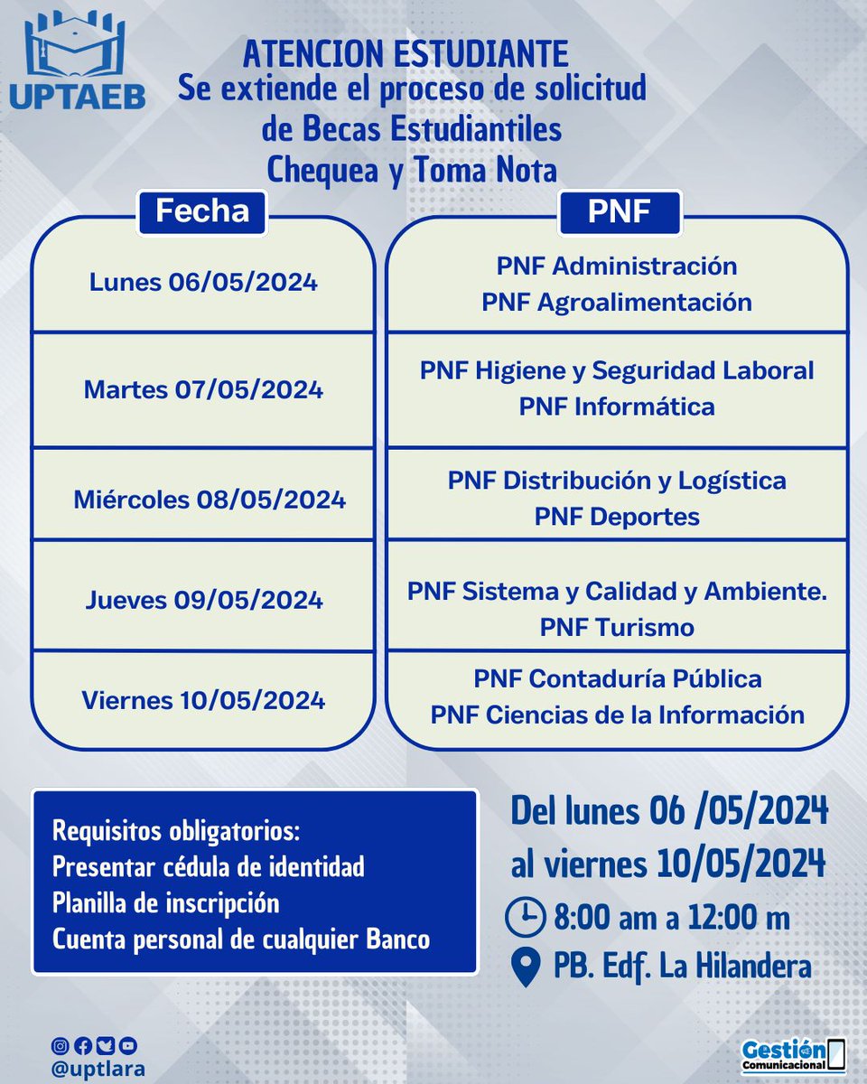 #Atencion Uptaebistas 

La Dirección de Política Estudiantiles extendió el plazo para la solicitud de Becas..

Chequea la información 👇🏻

Asiste el dia que le corresponde a tu PNF 

Avanzamos en los beneficios para nuestro estudiantes.!!

#SomosUptaeb