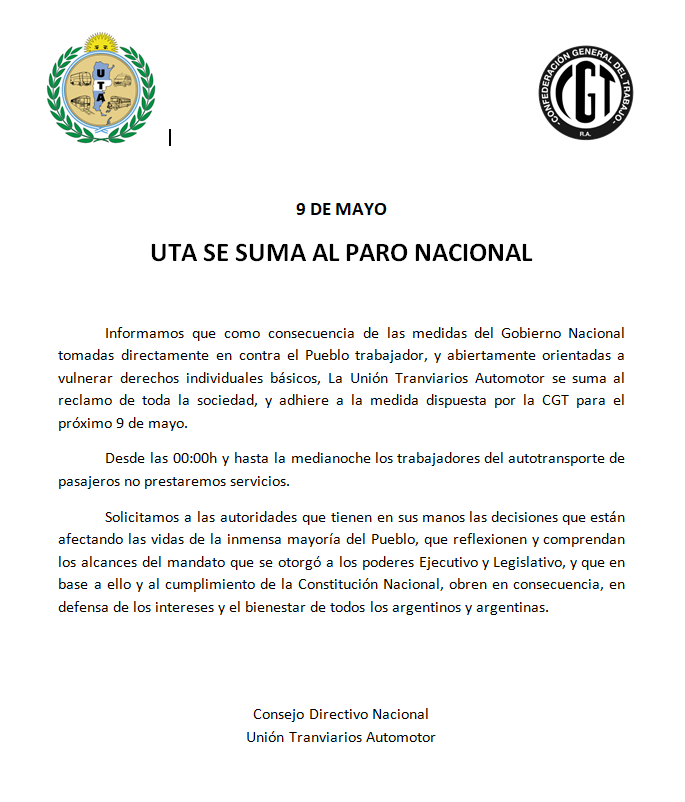 CiudadDeBondis's tweet photo. 🌆 🛑 ✅ 
#AHORA 🚨 URGENTE

LA UTA ADHIERE AL #ParoGeneral DEL JUEVES 9 https://t.co/jjRwt6iDHl