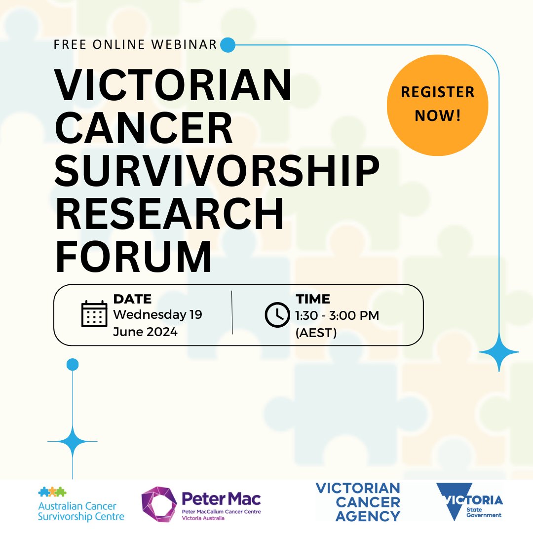📅Registrations are open for the upcoming Victorian Cancer Survivorship Research Forum on 19 June. This forum provides an opportunity to learn about current #cancersurvivorship research. Register here zoom.us/webinar/regist… Stay tuned for speaker announcements 👀 #survonc