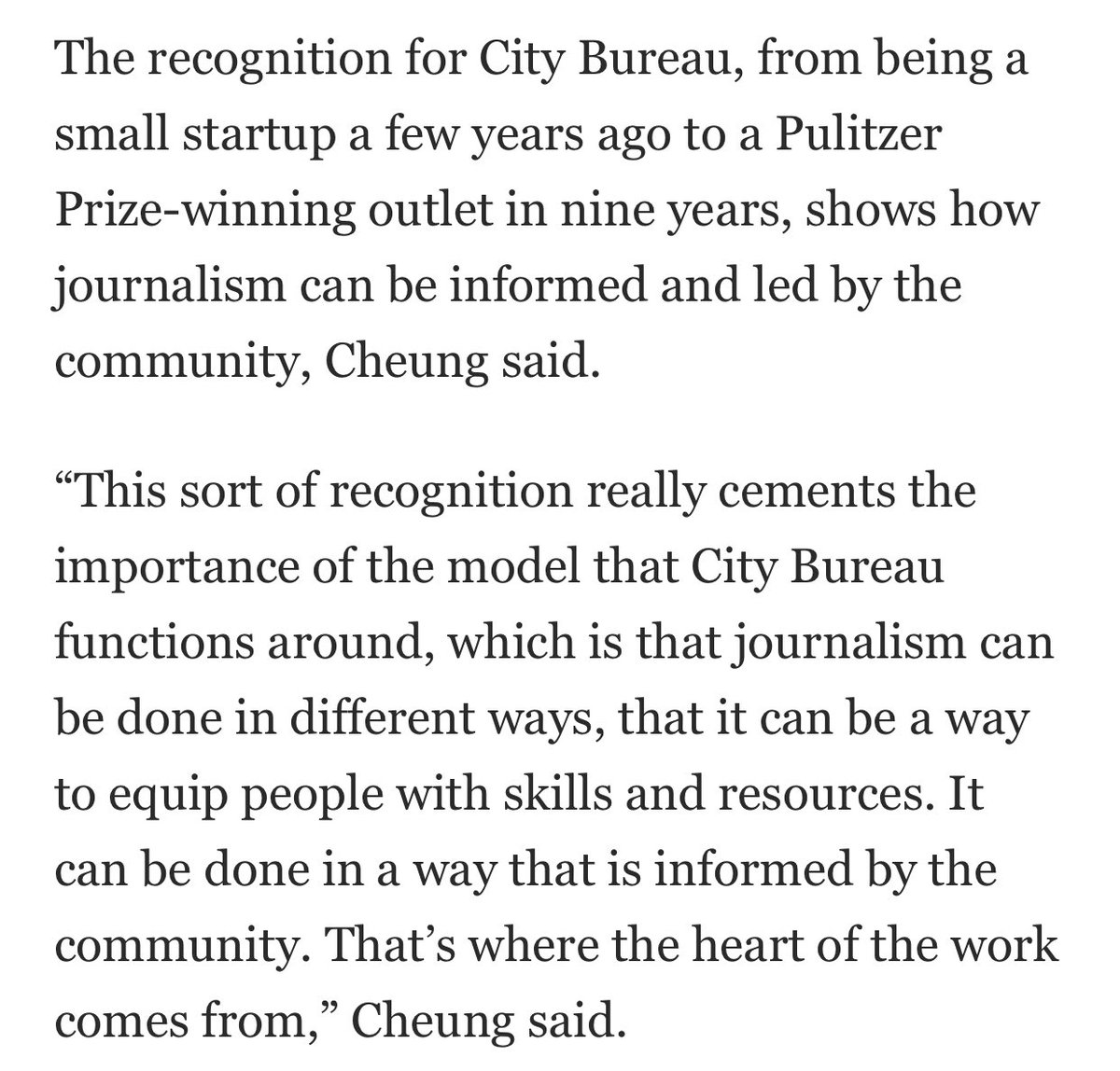 Thanks to @dorothy_lynn_h at @Suntimes for sharing our Pulitzer news (and picking a quote that actually makes me sound good 😅). chicago.suntimes.com/news/2024/05/0…