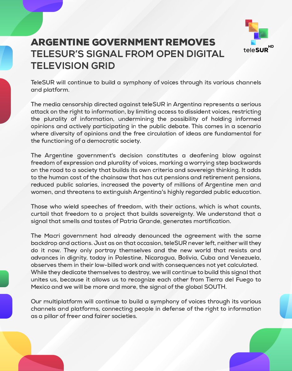 #Argentine Government Removes #teleSUR’s Signal From Open Digital Television Grid. ⬇️More information here