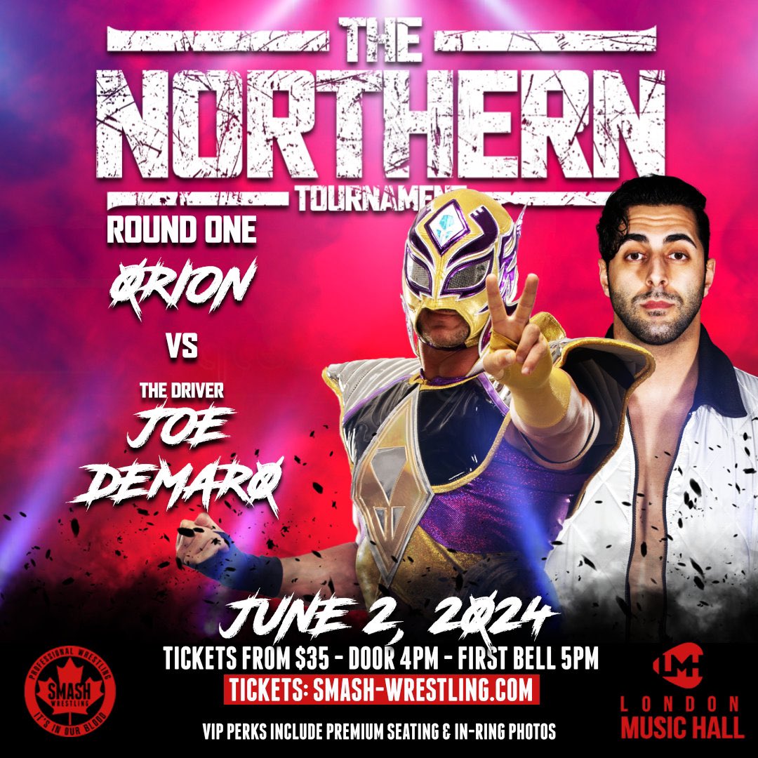 JUNE 2 - LONDON R1 @TARIKhatesyou v @masonwrestling R1 @VaughnVertigo v @_banks R1 @MyungJae98 v @_MarkWheeler R1 @TheeOrionX v @joedemaro94 🎟️ smash-wrestling.com