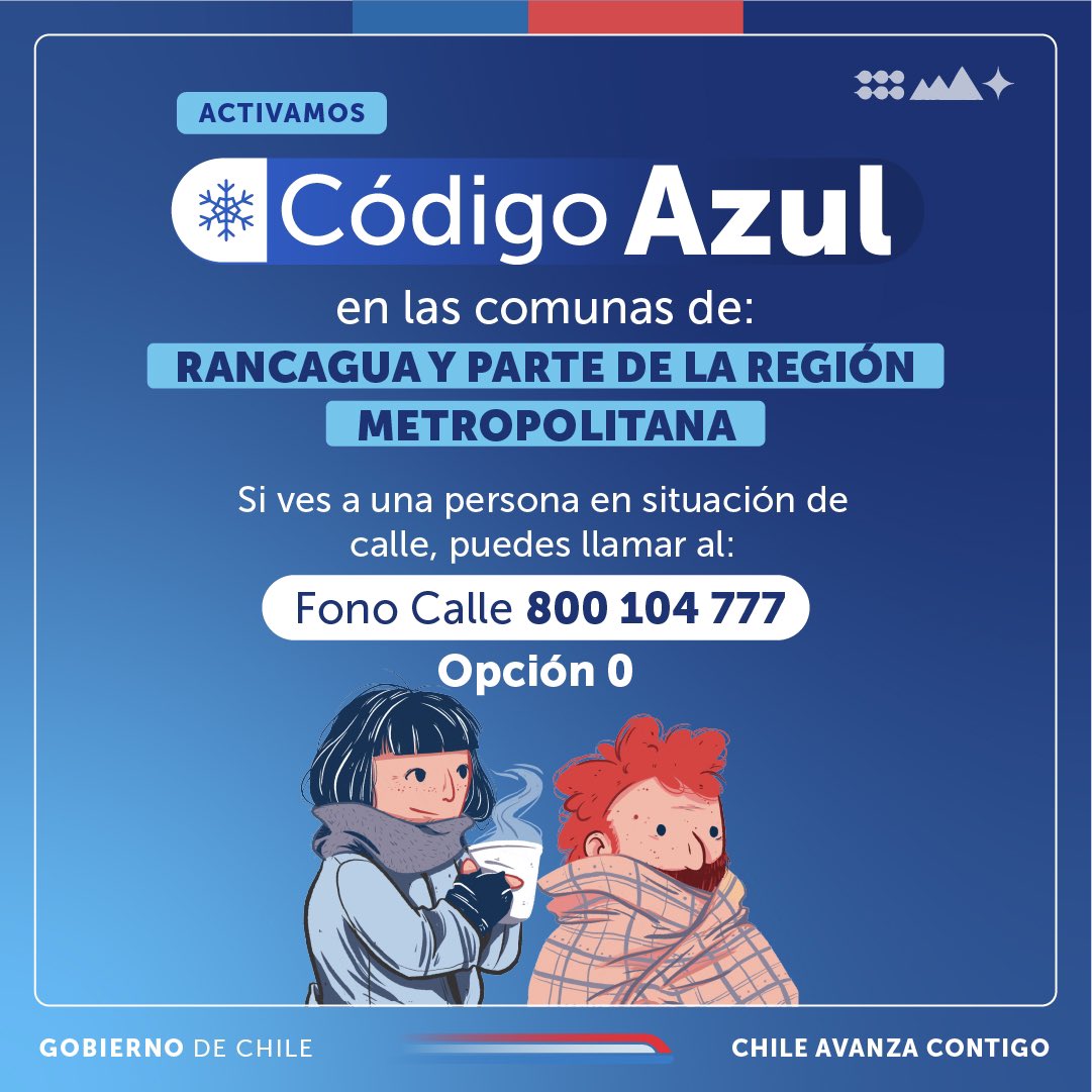 ¡Tu participación es importante y puede salvar una vida! 🙌🏼 ❄🌧 Ante las condiciones meteorológicas anunciadas para estos días, activamos la estrategia de #CódigoAzul, que busca reforzar, con dispositivos móviles en terreno, la oferta del Plan Protege Calle que dispone de…