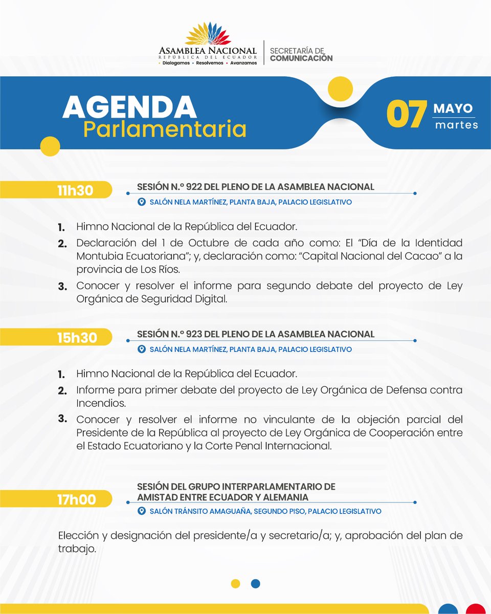 Esta es la Agenda Parlamentaria programada para mañana, martes 07 de mayo. En esa jornada está previsto desarrollar tres sesiones del Pleno de #LaNuevaAsamblea.