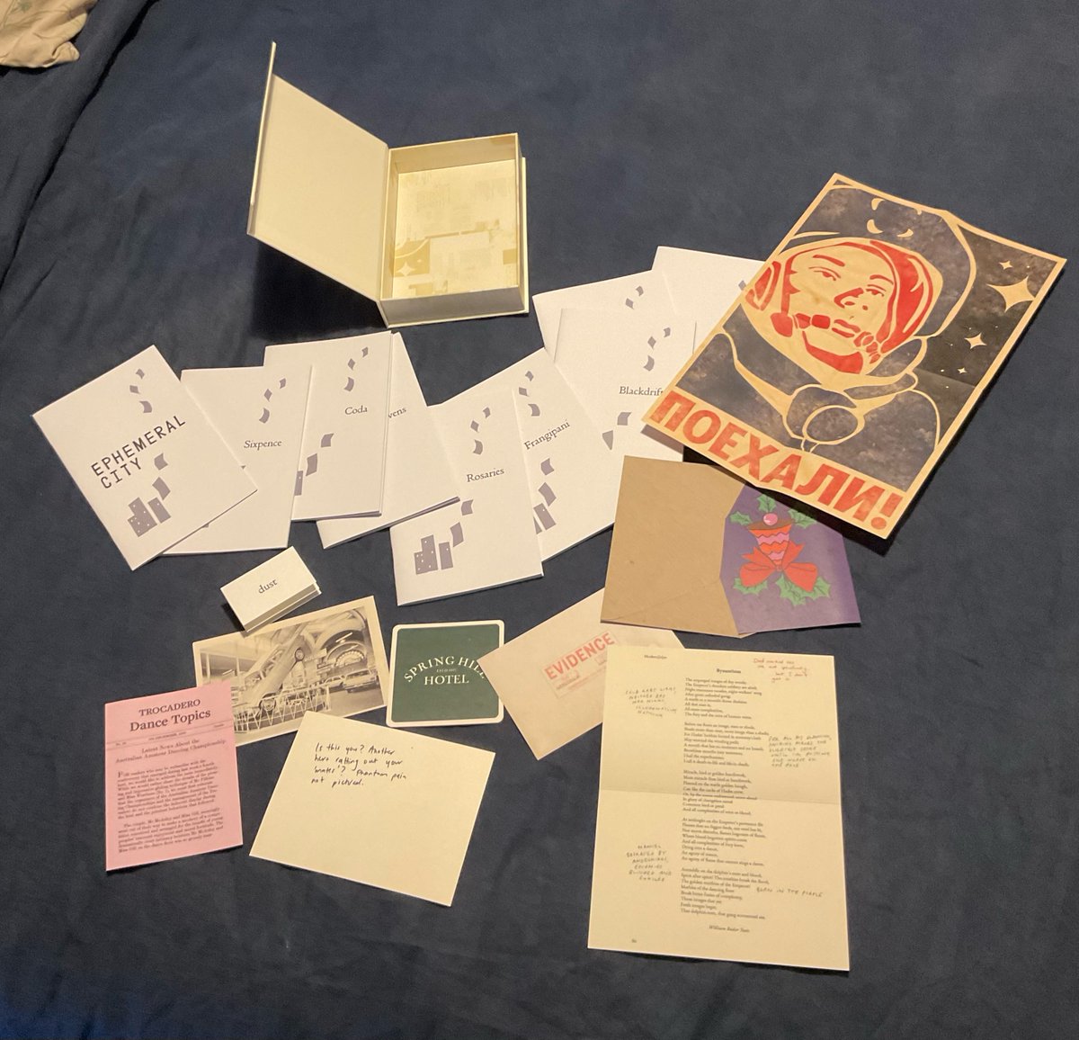 Caustic Cover Critic (@unwise_trousers) on Twitter photo Now this is how to publish a collection of short stories: the boxed edition of <a href="/ifbookAus/">Simon Groth</a> Simon Groth's 'EPHEMERAL CITY', where each story is a separate chapbook and there's a whole array of physical printed ephemera from the stories. Now this is how to publish a collection of short stories: the boxed edition of <a href="/ifbookAus/">Simon Groth</a> Simon Groth's 'EPHEMERAL CITY', where each story is a separate chapbook and there's a whole array of physical printed ephemera from the stories.