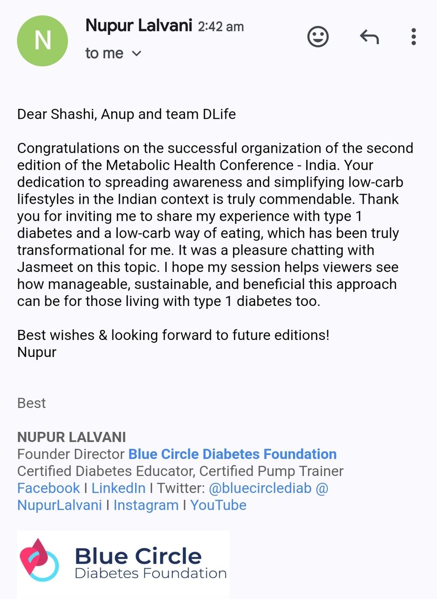 Thank you for the kind words @NupurLalvani @bluecirclediab You are a role model in the Indian Type1 diabetes & low carb space Lets work towards spreading the message of low carb across india via @MetabolicHConf @dlifein @TheIraSahay @jasmeet481