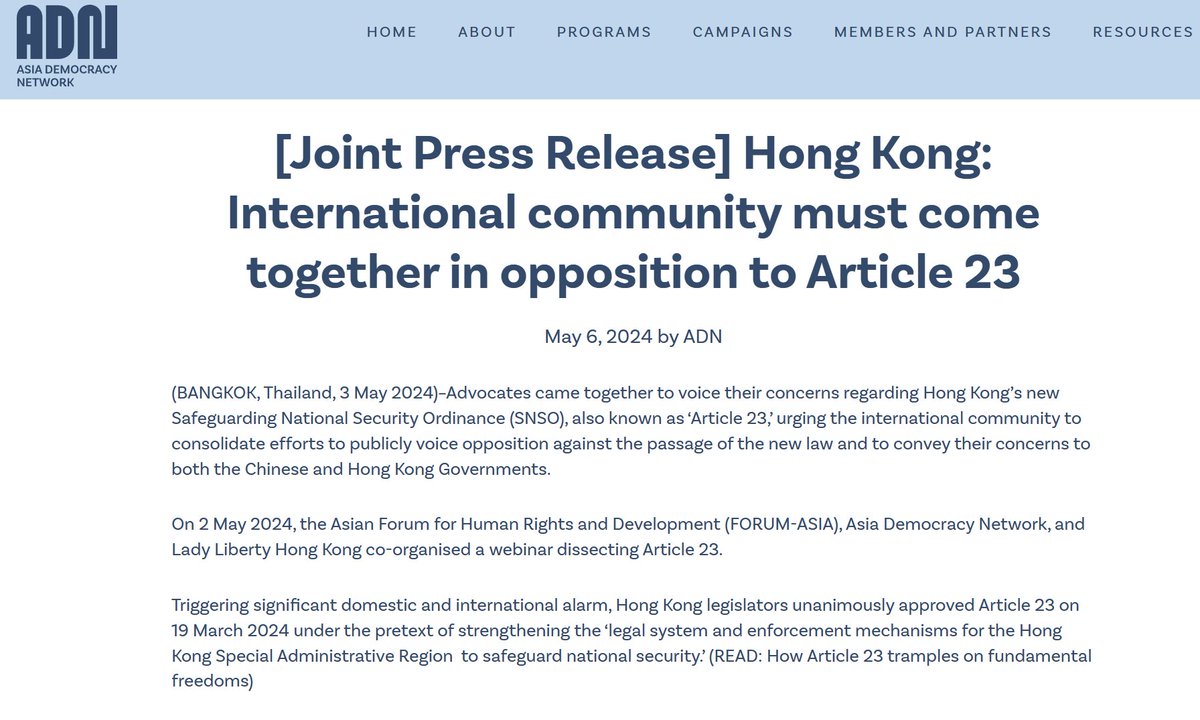 The intl community needs to come together to respond to #humanrights impacts of national security laws in #HongKong. More than statements, coordinated action is needed: bit.ly/3JRyCRc @aleksandraketal @ShibaniMahtani @patrickpoon @forum_asia @adn_asia @hkladyliberty