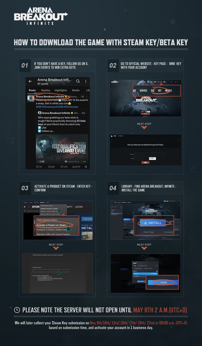 Countdown's on! The first batch of the Beta qualification has been sent.

The #ArenaBreakoutInfinite PC Beta launches soon, on May 8th (2:00 UTC+0)! 
Check your local times:

🕘New York: May 7th, 10:00PM (UTC-4) 
🕒London: May 8th, 3:00AM (UTC+1) 
🕙Singapore: May 8th, 10:00AM