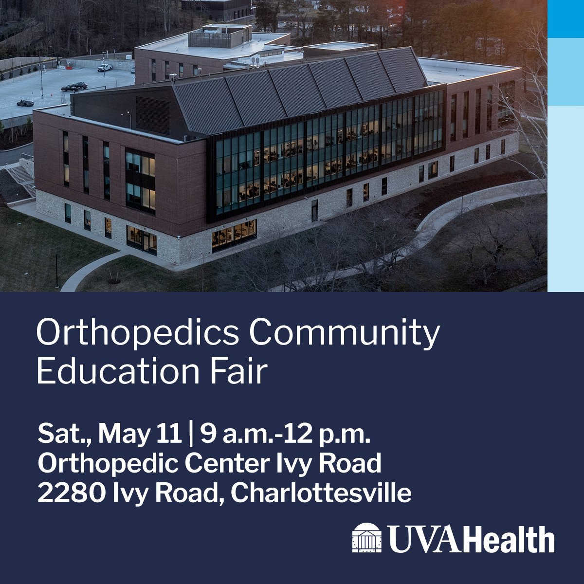 Join us May 11 for our free orthopedics community education fair. Enjoy hands-on demos, provider talks on various topics, and fun activities for kids. More info: bit.ly/49Voph8 @UVA_Ortho #Charlottesville #Cville #UVAHealth