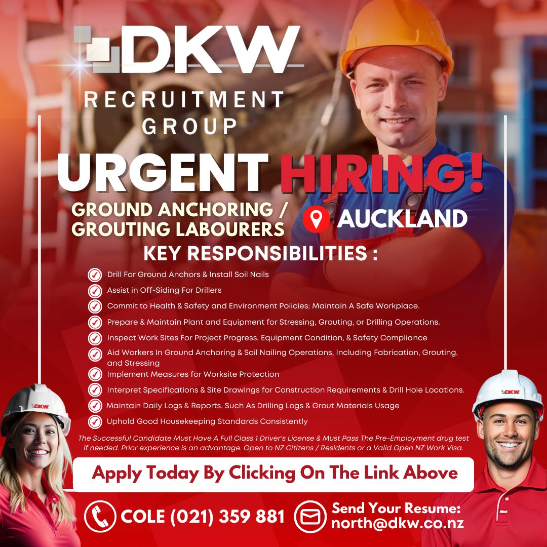 URGENT POSITION FOR GROUND ANCHORING / GROUTING LABOURERS IN AUCKLAND! CLICK THE LINK TO APPLY: adr.to/2rwecai

Reach out to 📞 Cole (021) 359 881 or email your cv to north@dkw.co.nz

#AucklandJobs #AucklandNZ #UrgentHiring #HiringNow #NewZealandJobs #Labourers