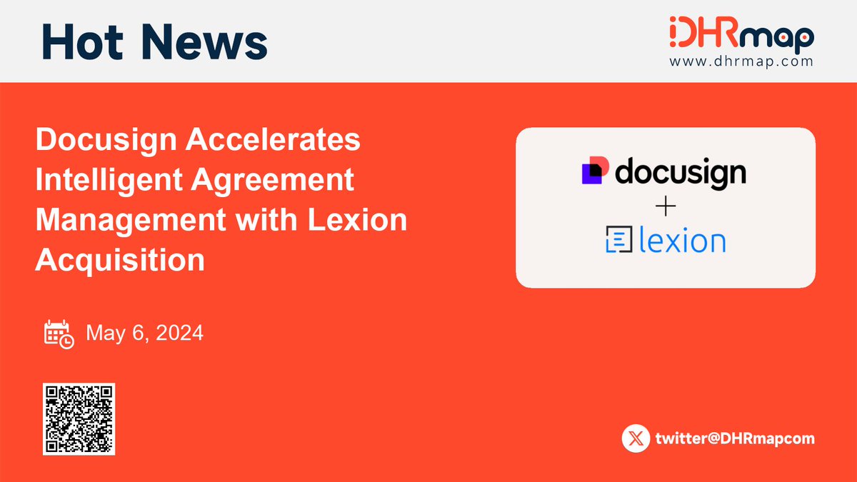 HRTech News: @Docusign acquires Lexion for $165m, bolstering its new SaaS category, Intelligent Agreement Management. This acquisition brings advanced AI-driven agreement solutions and a seasoned team from tech giants, enhancing contract processing and AI integration.…