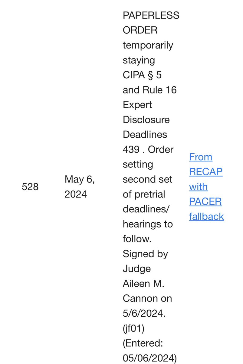 NEW: Judge Cannon enters an Order “temporarily staying” the requirement for Trump to have to file his CIPA Section 5 notice in the MAL classified documents case. Sec. 5 requires Trump to disclose to the Government the classified materials he intends on using at trial.