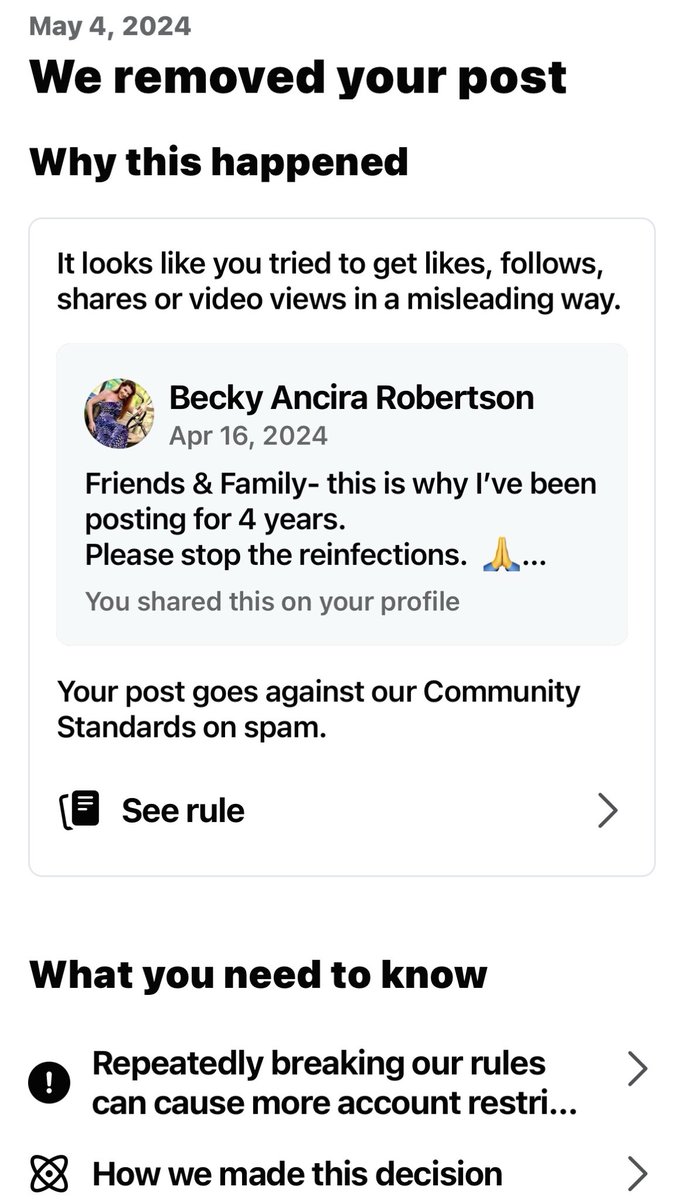 I am beginning to get posts w/C content removed from FB. Is this happening to you?