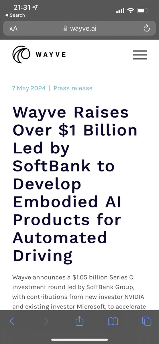 🤩 ONE BILLION DOLLARS FOR @wayve_ai it’s been inspiring to see @alexgkendall lead wayve from science to startup to category creator and leader in just a few years we met in feb 2017 when wayve was a research paper i’m happy to have helped get them funded and off to the races