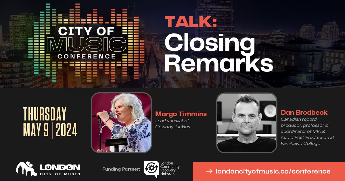 Thursday’s #CityofMusic Conference & Expo @londonmusichall is going to be a hit! Listen to the incredible Margo Timmins of @CowboyJunkies & award winning producer Dan Brodbeck in conversation. Then catch @CowboyJunkies performing live! LondonCityofMusic.ca/conference