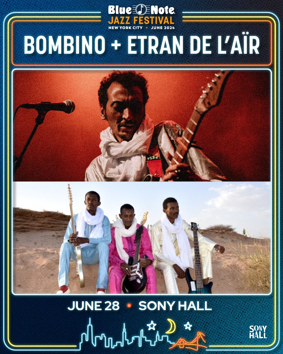 Bombino (@bombinoofficial) on Twitter photo New York City - I'm performing at <a href="/SonyHall/">Sony Hall</a> on June 28th as part of the <a href="/BlueNoteNYC/">Blue Note New York</a> Jazz Festival!
My friends <a href="/EtrandeLAir/">Etran de L'Aïr</a> will be opening the show.
Tickets: bluenotejazz.com/jazz-festival-… New York City - I'm performing at <a href="/SonyHall/">Sony Hall</a> on June 28th as part of the <a href="/BlueNoteNYC/">Blue Note New York</a> Jazz Festival!
My friends <a href="/EtrandeLAir/">Etran de L'Aïr</a> will be opening the show.
Tickets: bluenotejazz.com/jazz-festival-…