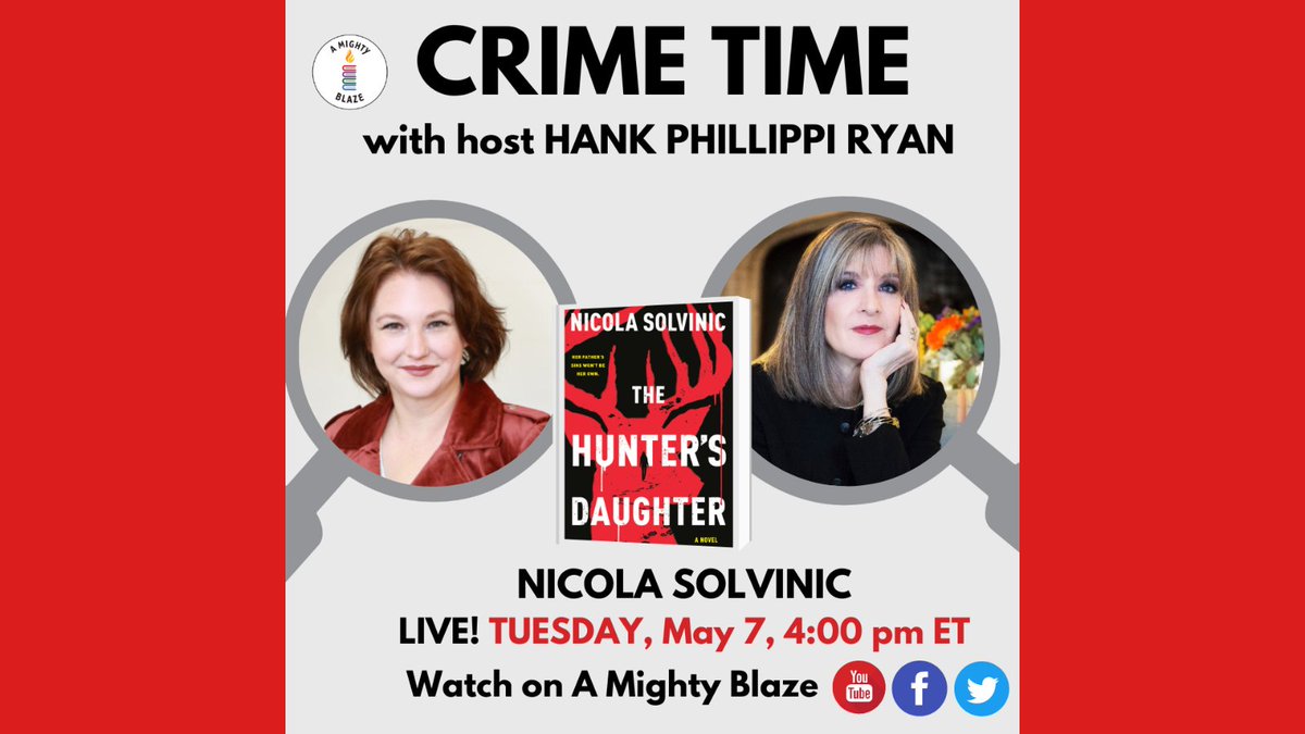 At the top of the hour, @HankPRyan welcomes Nicola Solvinic (@NSolvinic) to Crime Time for a lively discussion of her debut novel, 'The Hunter's Daughter.' Watch right here or on our YouTube channel ➡️ bit.ly/AMBYT. Leave any questions for Nicola in the YT chat!