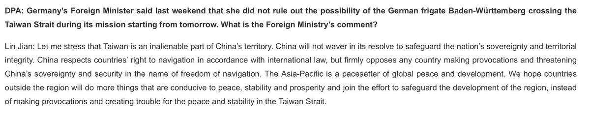 Freedom of navigation applies to Taiwan Strait as @ABaerbock pointed out in NZ. Would be normal for German navy to sail through Taiwan Strait during 2024 Indo-Pacific Deployment. Absurd for Beijing to label this „provocation“ „threatening China’s sovereignty & security“.