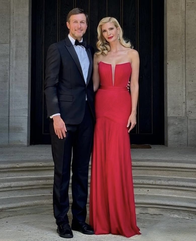Ivanka Trump, whose Secret Service code name was Mount Rushmore referencing the multiple images agents were required to memorize as her faces were under construction, is pictured with husband Jared leaving Arby's wearing a strapless gown in her trademark Jamal Khashoggi Blood Red