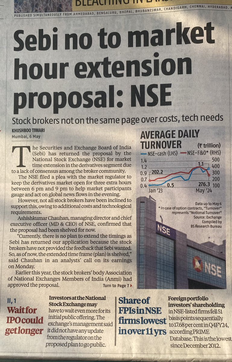 SEBI has returned the proposal by NSE for market time extension in the derivative segment due to lack of consensus among the broker community