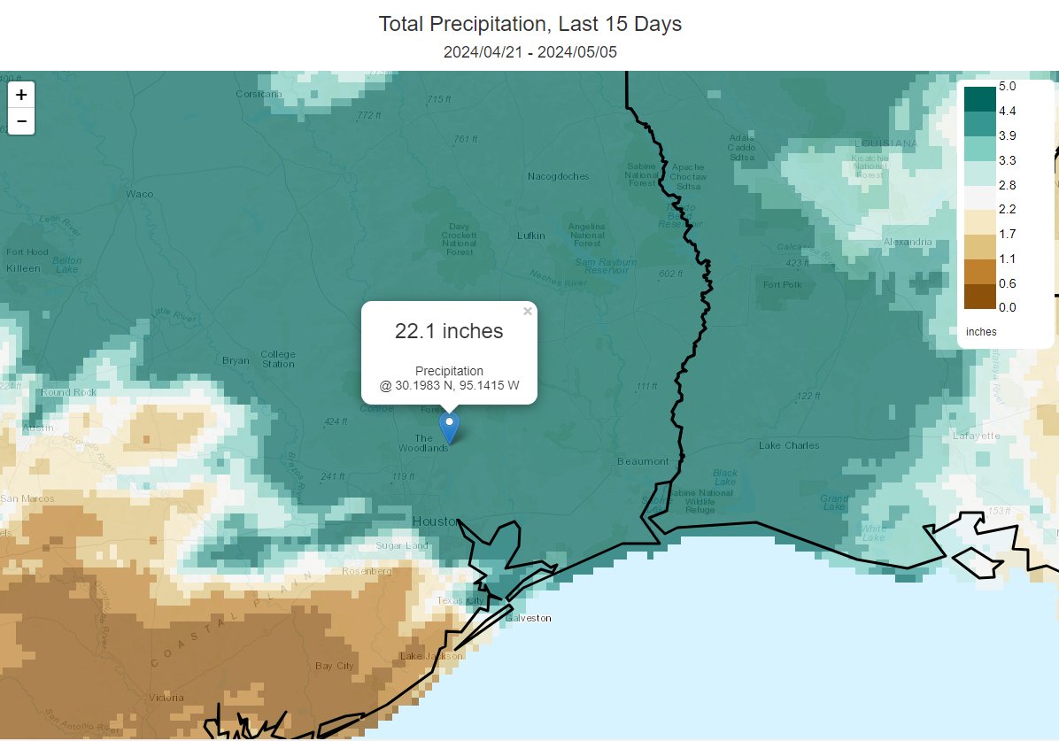 22' of rain in spots. 1000% of normal, north of Houston. #txwx Credit: Climate Mapper