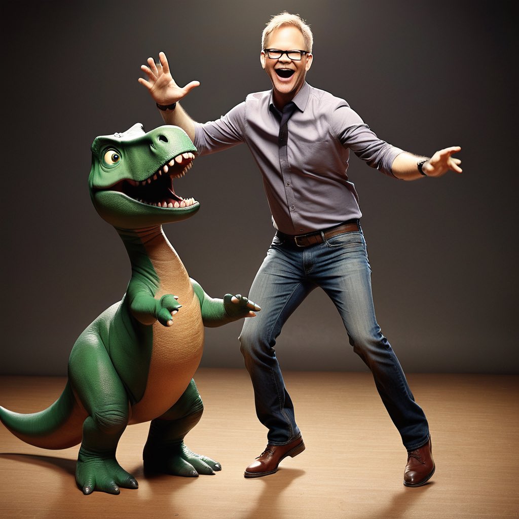 AI, show me Steven Curtis Chapman dancing with the dinosaur.