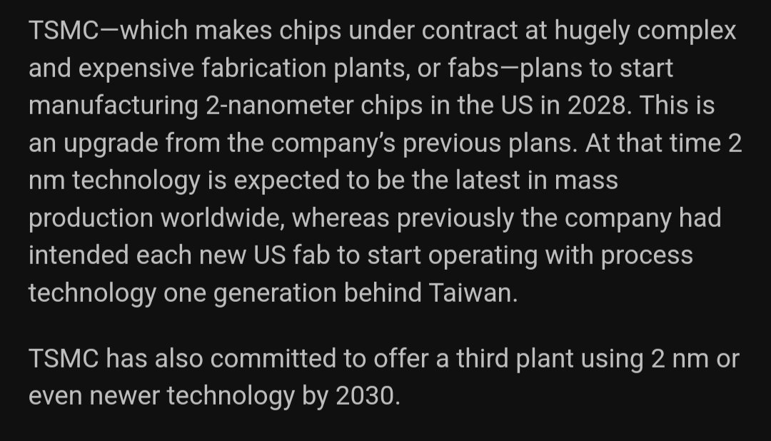 An underappreciated success of the CHIPS Act: TSMC wasn't planning to build its most advanced chips in the U.S., but now it has changed its mind, and will make them here after all. arstechnica.com/gadgets/2024/0…