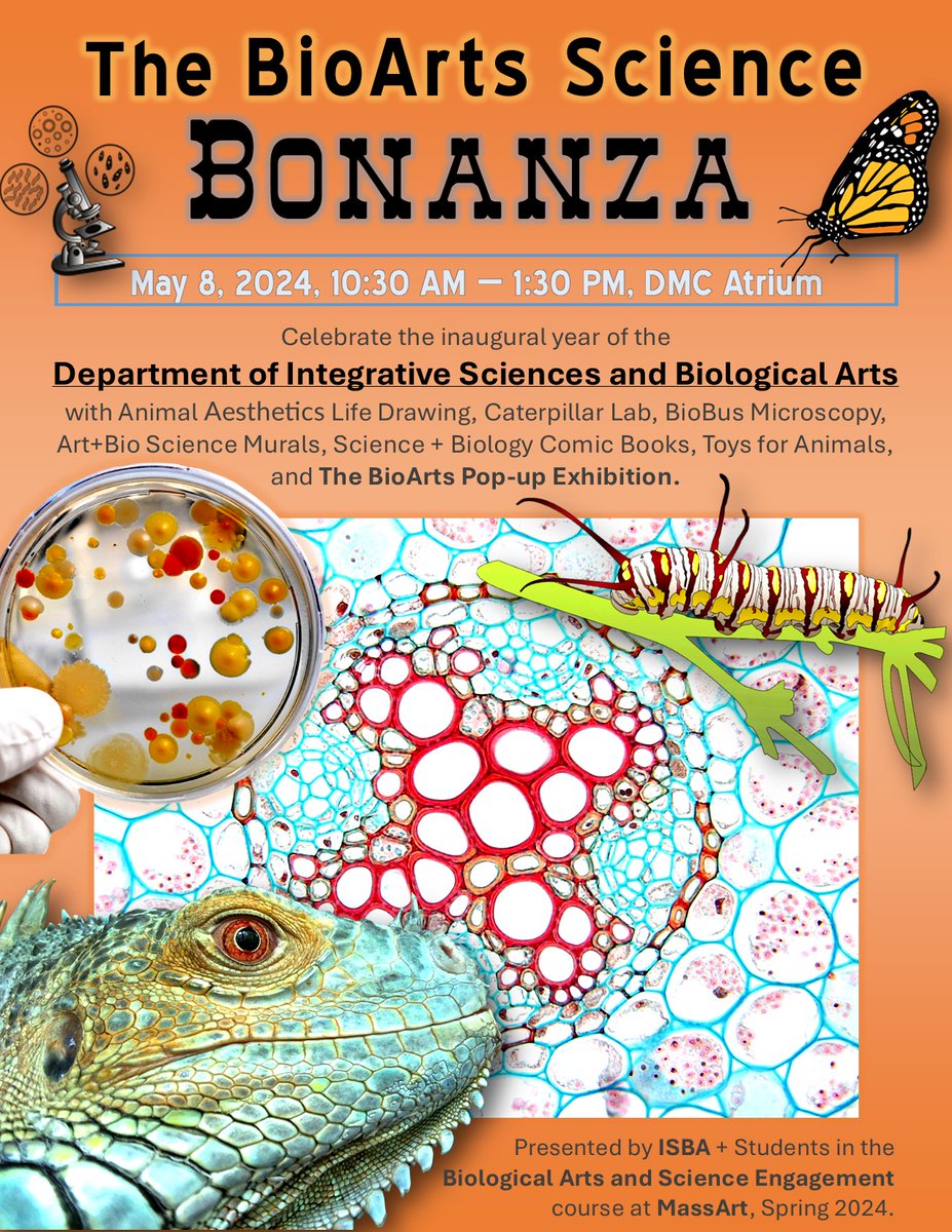 🎉Celebrate the inaugural year of the new Department of Integrative Sciences and #BiologicalArts at MassArt, at The #BioArts Science Bonanza!✨
Free + Open to the Public.
#AnimalAesthetics #CaterpillarLab #BioBus #ScienceMurals #ScienceComics #BioArtsBonanza #BioArt🔬🧬🦠🦋🧫🦎🐍