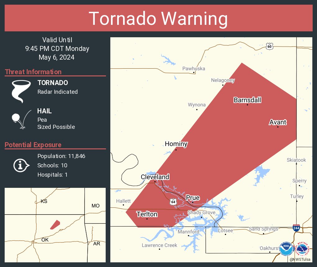Tornado Warning including Hominy OK, Cleveland OK and  Barnsdall OK until 9:45 PM CDT
