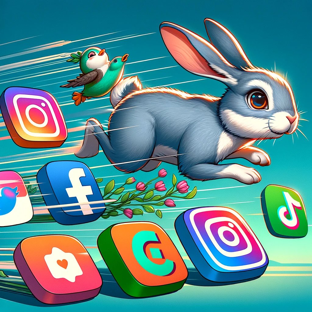 Chasing trends like a social media rabbit! 🐇📱 A fun cartoon of a rabbit hopping across app icons to stay in the loop. #SocialMediaTrends #DigitalHopper #OnlineCulture #PopCulture