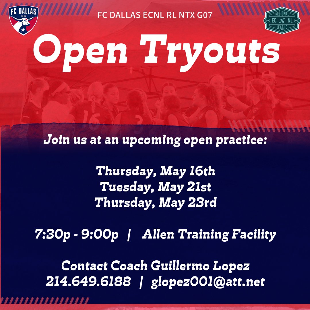 We're looking to add a few talented players to our team. Join us at an upcoming open practice. 
Let Coach Lopez know you're coming.
glopez001@att.net