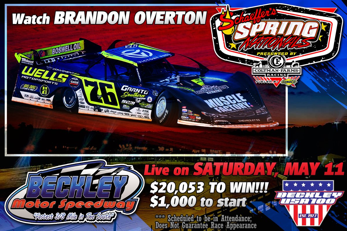 Watch @Boverton76 vie for the $20,053 top prize with the @SchaefferOil #SpringNationals in the annual Beckley USA 100 on Saturday, May 11 at Beckley Motor Speedway! If you are unable to make the trip to Mount Hope, West Virginia, watch every lap LIVE on @FloRacing. 🏁