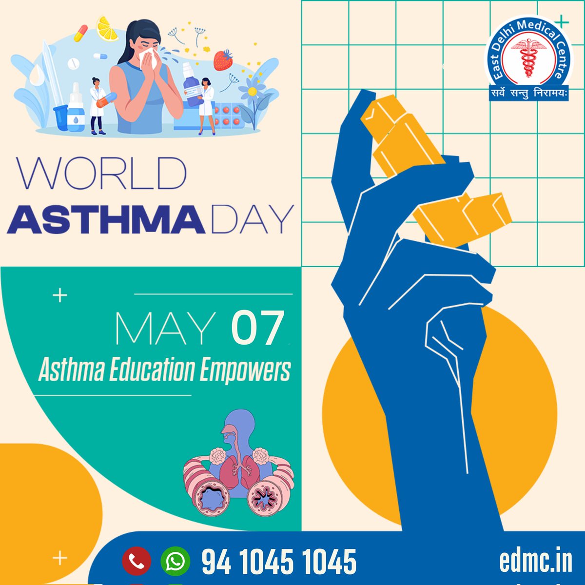 There are few restrictions on your life with asthma, as long as you take care of yourself.” — Jackie Joyner-Kersee 

Today we commemorate World Asthma Day with the 2024 theme Asthma Education Empowers!

 #WorldAsthmaDay #BreatheFreely #eastdelhimedicalcentre #asthmaproblems