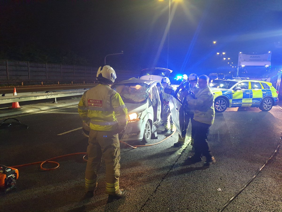 Drink driver under arrest, having collided with two other vehicles M6 southbound near j7. Fortunately it appears only minor injury, but he has won himself a convertible, courtesy of fire and rescue. 5731YF D unit