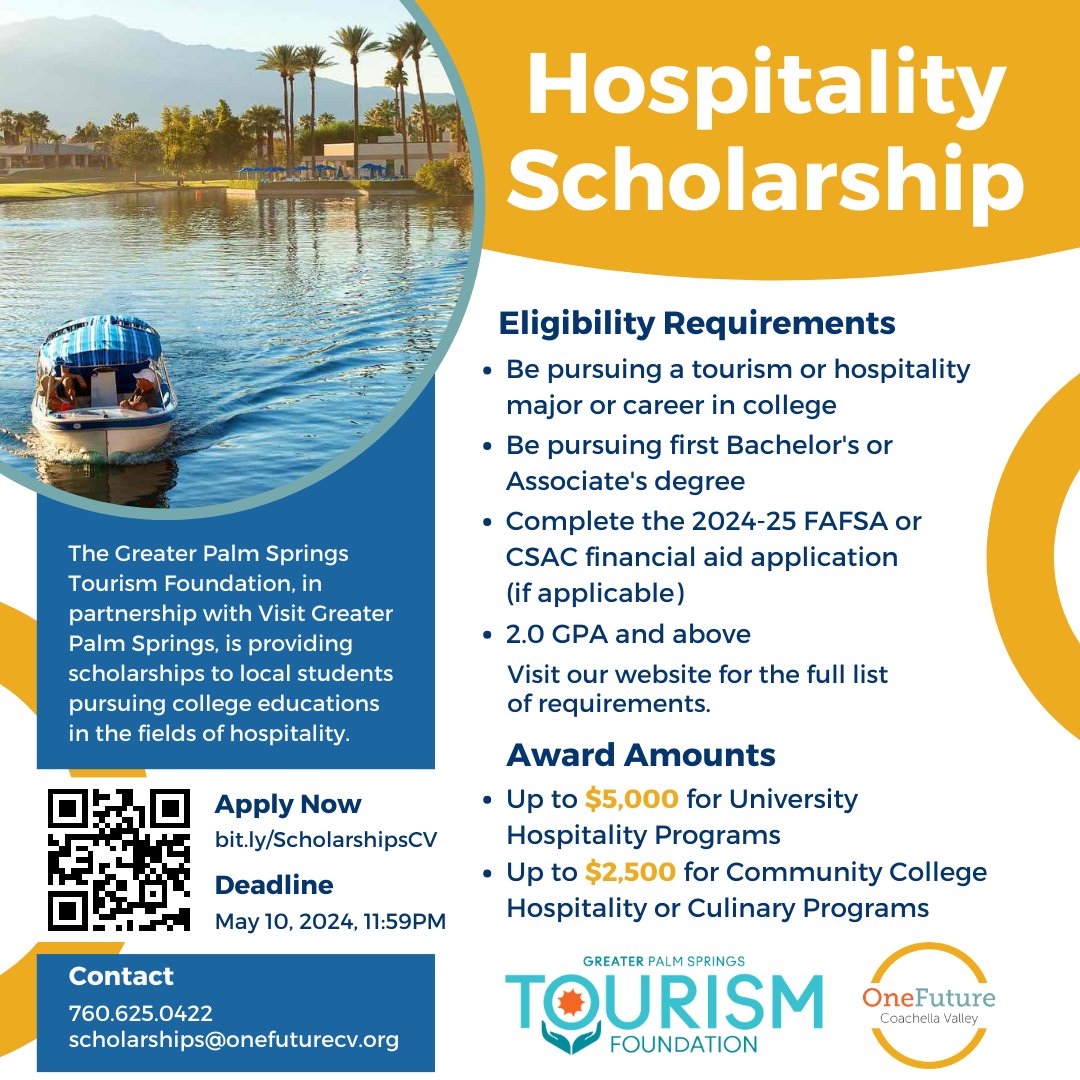 #ScholarshipDeadline approaching! ⚠️ Open to high school seniors, community college & university students pursuing college majors toward a career in the #tourism, #hospitality or #culinary industries. Visit bit.ly/ScholarshipsCV to apply before it closes on Friday, May 10! 🚨