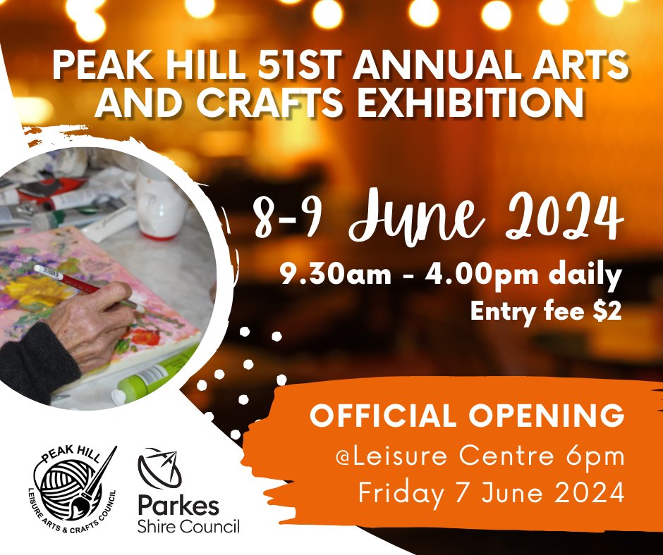The Peak Hill's 51st Annual Arts and Craft Exhibition will take place over the course of two days, 8-9 June 2024 between 9:30am-4:00pm! The Exhibition's Official Opening will commence on the Friday 7 June at 6:00pm.