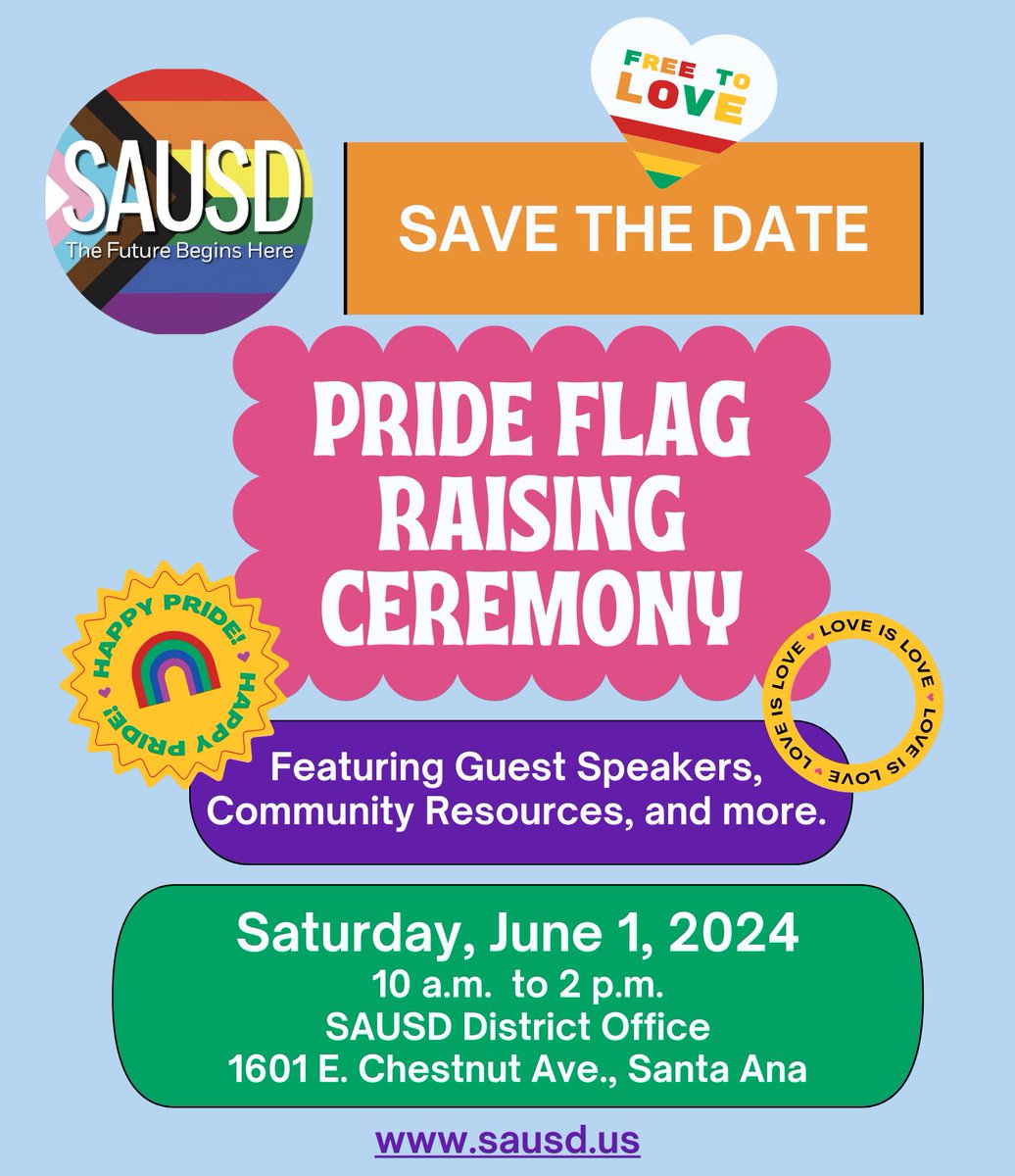 🌈 Save the Date! 🌈#SAUSD is thrilled to host a Pride Flag raising ceremony on June 1 from 10 a.m. to 2 p.m. at the District Office. Join us as we celebrate equity, inclusivity and diversity. Stay tuned for more details💚💛🧡❤️🩷💜