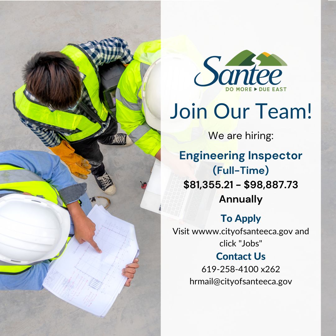 Are you passionate about public works, utilities, and land development projects? The City of Santee is #hiring an Engineering Inspector!🏗️ The position is open until filled and the first review of applications takes place May 20. Apply: bit.ly/44jF3pE